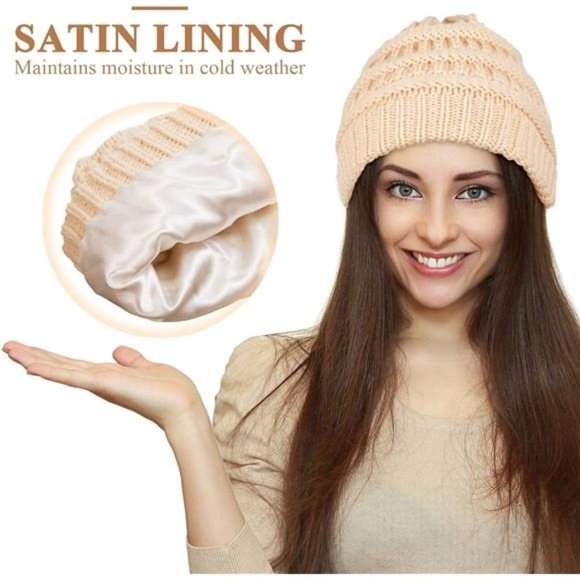 3 Pack Winter Beanies Satin Lined Warm Thick Knitted Hats Slouchy Caps for Women